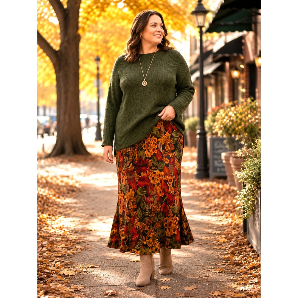 100% Silk Chiffon A-Line Fall Florals Midi Skirt Plus Sz 20W Zipper Fully Lined